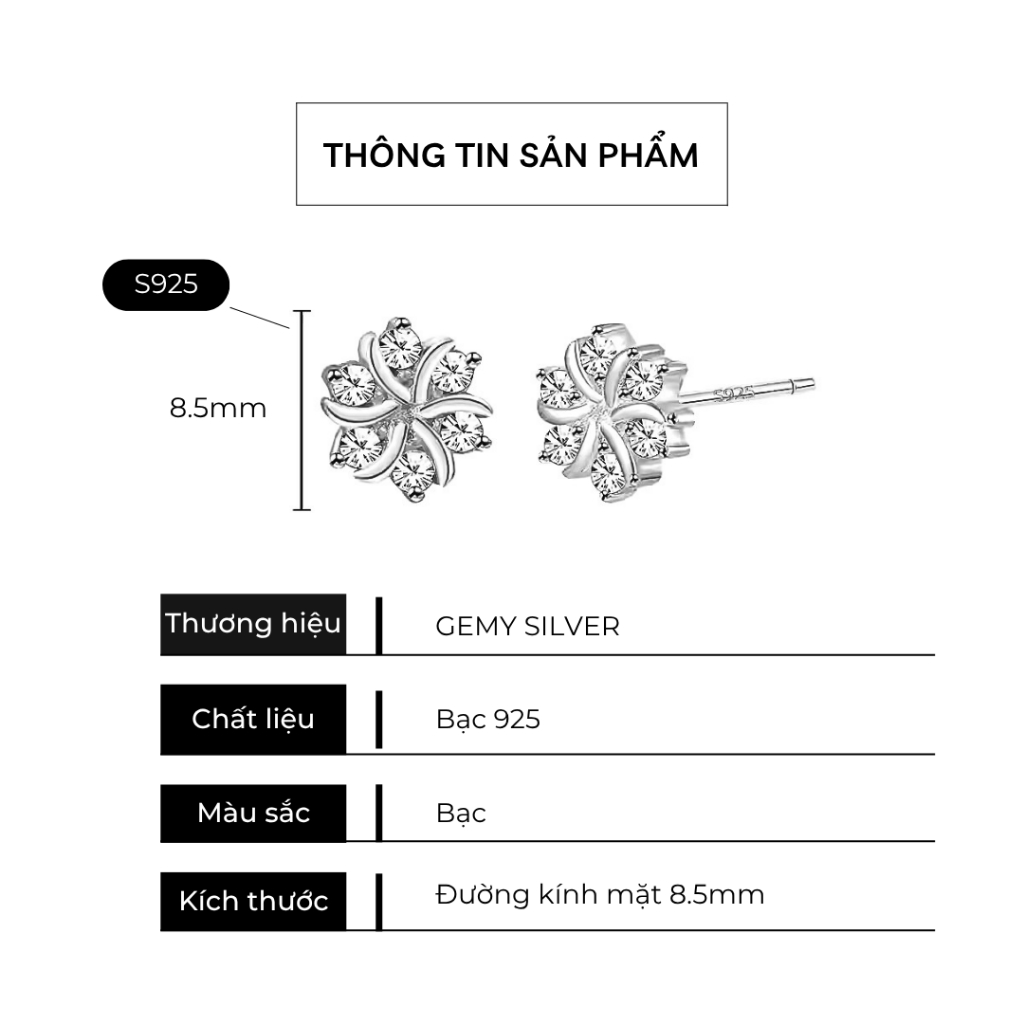 Khuyên tai nam thanh thẳng bạc S925 kế hình bông tuyết đính đá Snow Flower KN151 (1 chiếc) | GEMY SILVER