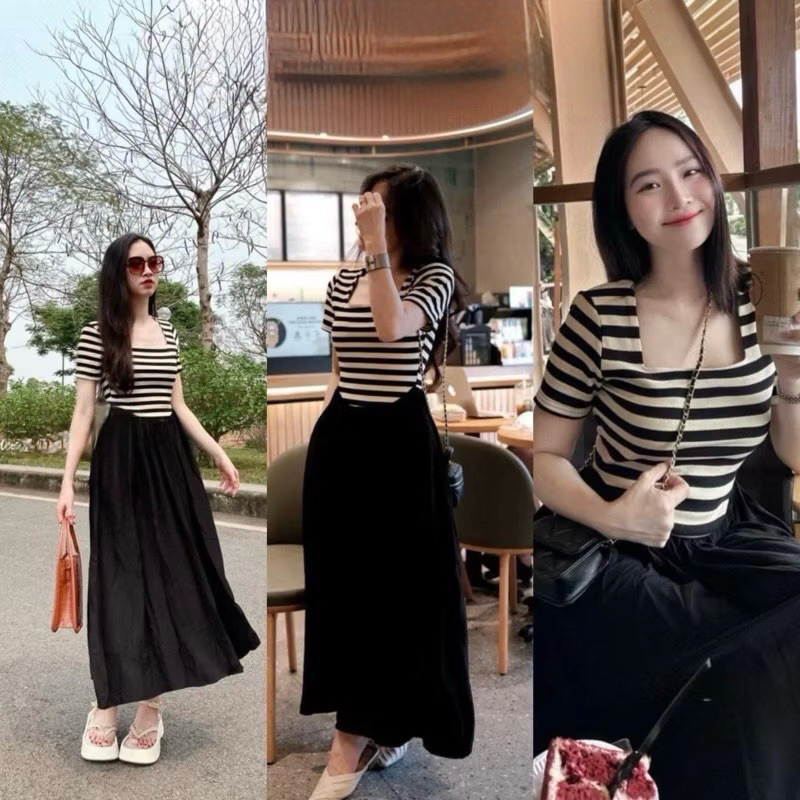 Đầm nữ basic đen trắng co giãn dễ mặc ulzzang đi chơi Váy liền dáng dài maxi cộc tay cổ vuông kẻ ngang xòe rộng T1094G