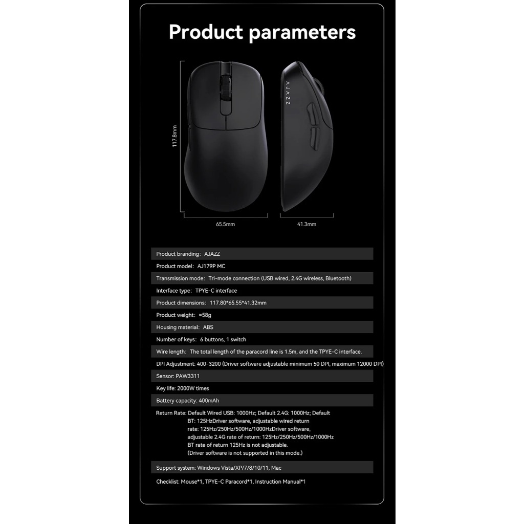 Chuột không dây AJAZZ AJ179 bản MC - 3  mode kết nối -  - DPI 12000 - APP tùy chỉnh | BigBuy360 - bigbuy360.vn