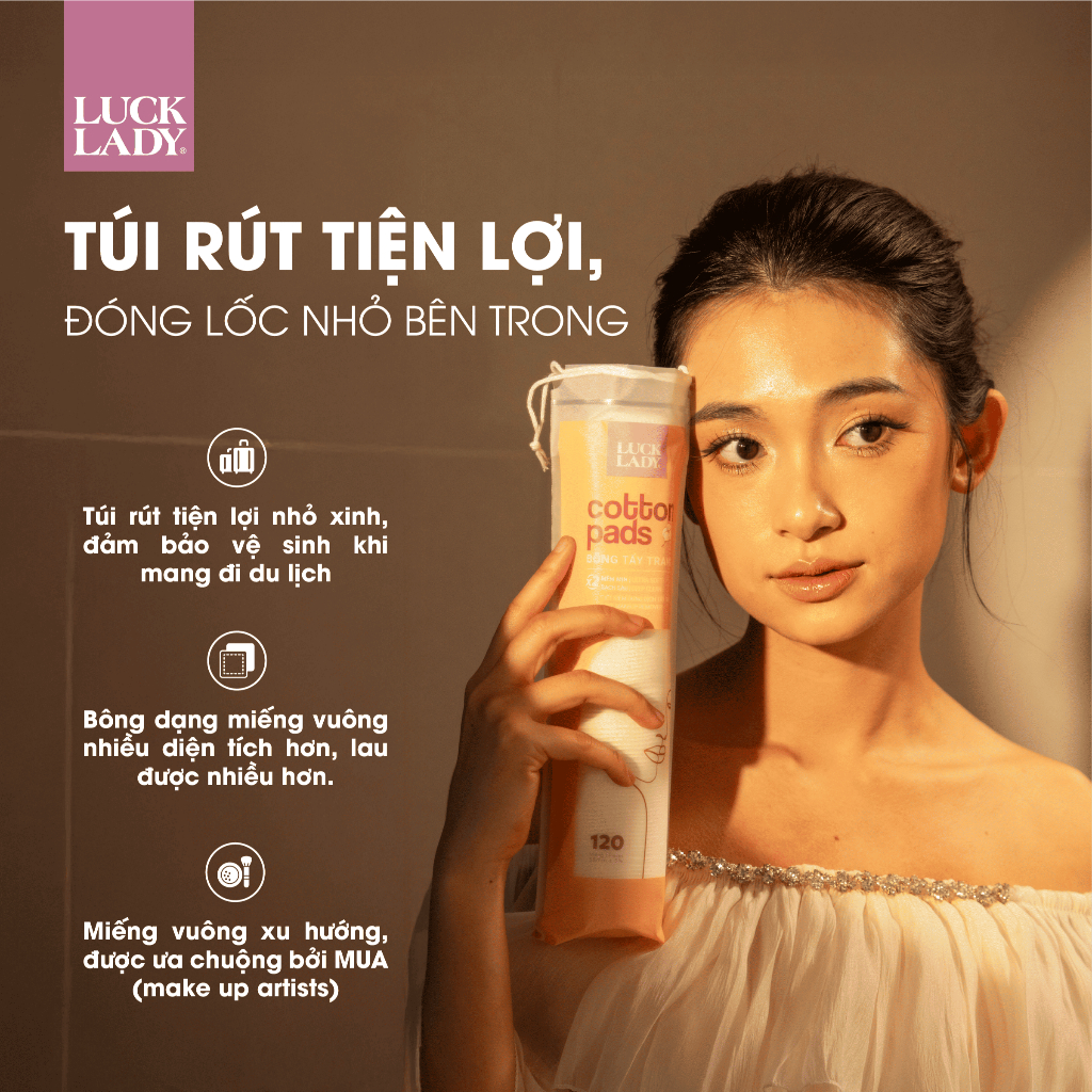 Combo 5 túi bông tẩy trang Luck Lady dạng túi rút 120 miếng, kích thước bông 58mm, mềm mịn, làm sạch da, an toàn cho da