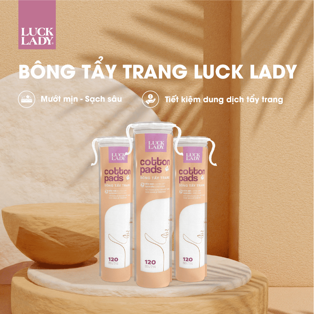 Combo 5 túi bông tẩy trang Luck Lady dạng túi rút 120 miếng, kích thước bông 58mm, mềm mịn, làm sạch da, an toàn cho da