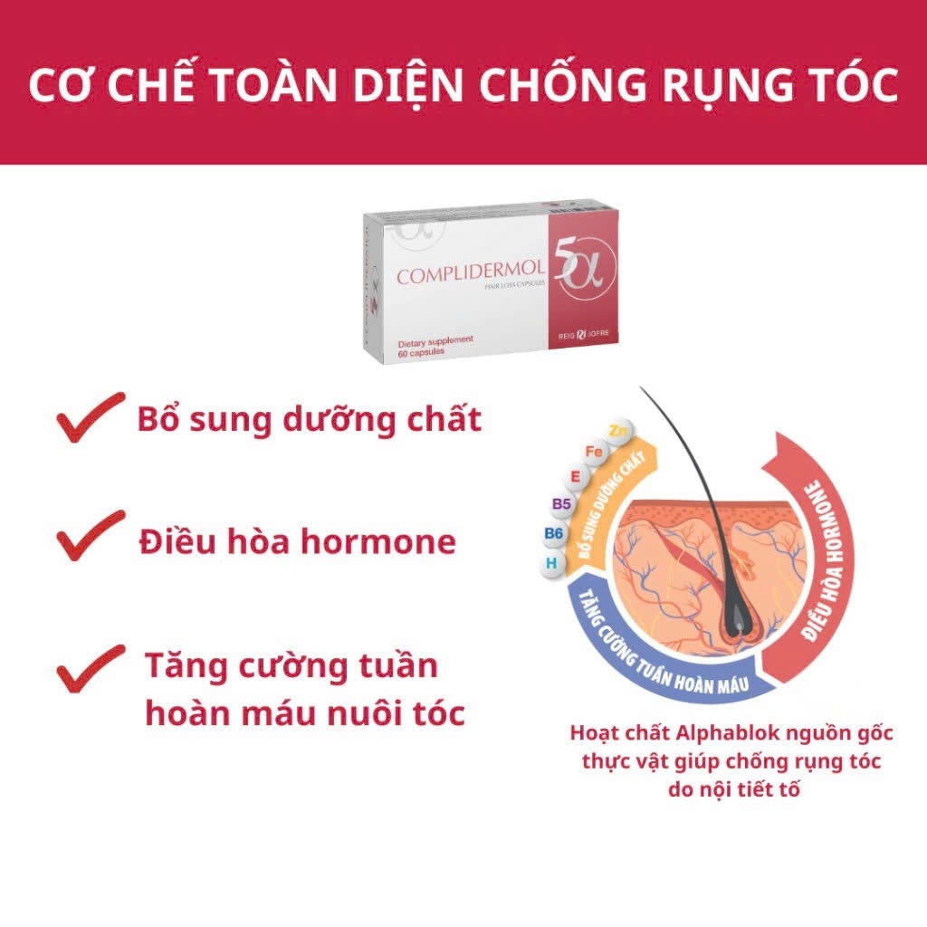 [SALE DATE NGẮN - 4 HỘP] Viên Uống Mọc Tóc Complidermol 5α -  Ngăn rụng tóc nội tiết, kích thích mọc tóc, Hộp 60 Viên
