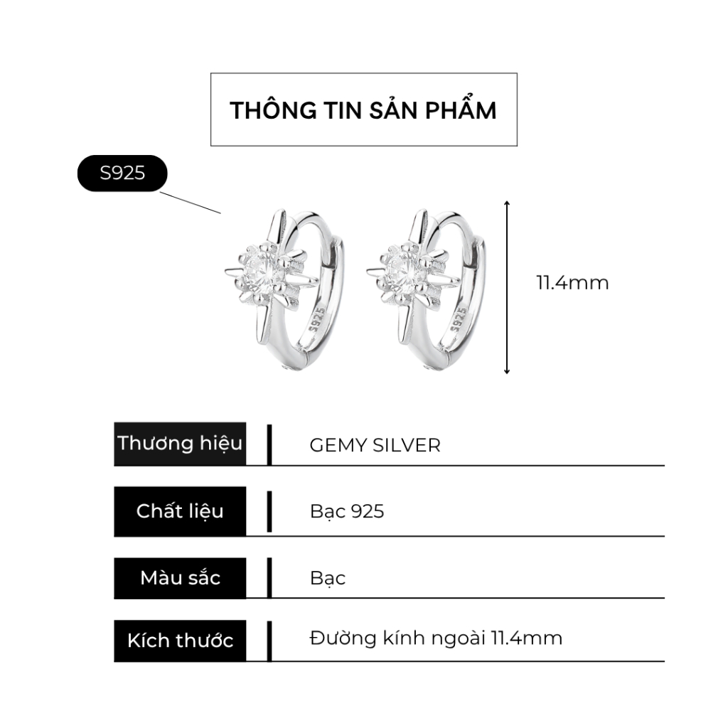 Khuyên tai tròn nam bạc 925 Starlight 3 thiết kế ngôi sao đính đá unisex (1 chiếc) KN158 | GEMY SILVER