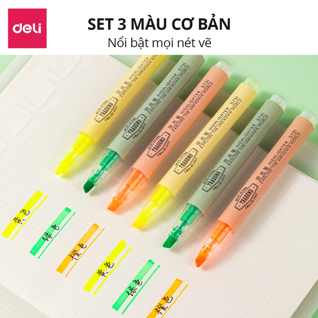Set 3 Bút Highlight Đánh Dấu Dạ Quang Deli Màu Pastel Tiện Dụng Cho Học Sinh Sinh Viên