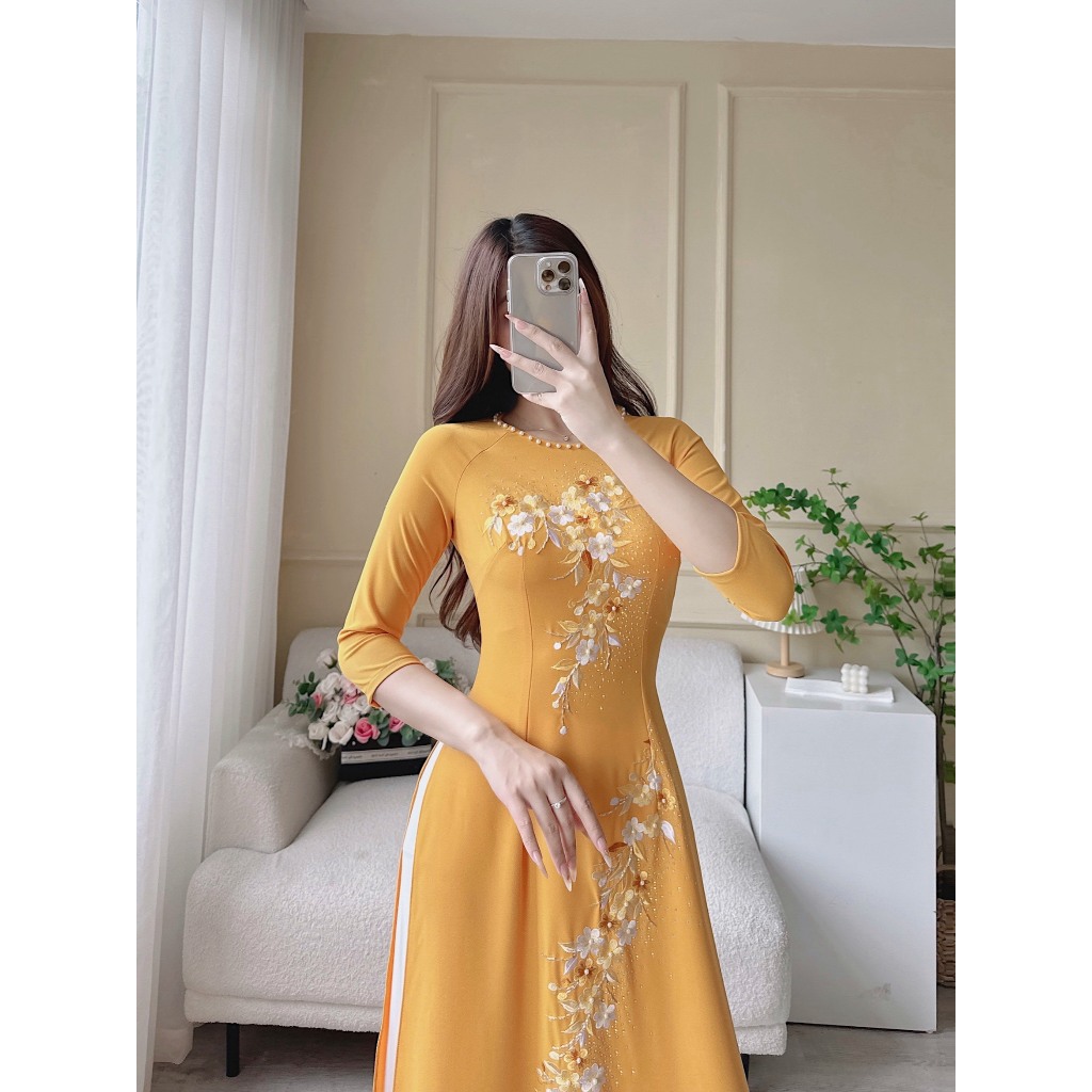 Áo Dài Lụa Mỹ Cao Cấp Họa Tiết Thêu + Đính Kết Đá Thủ Công Tỉ Mỉ - Mã C34