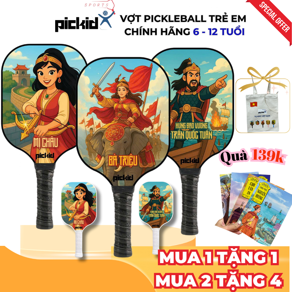 Vợt Pickleball trẻ em 6 - 12 Tuổi chính hãng PICKID Fiberglass in 5D nhân vật Lịch Sử Việt Nam BS