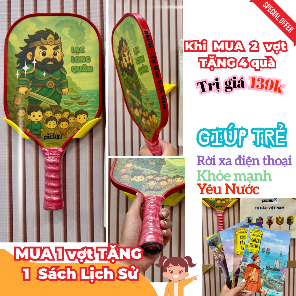 Vợt Pickleball trẻ em 4-6 Tuổi chính hãng PICKID Fiberglass in 5D nhân vật Lịch Sử Việt Nam BS