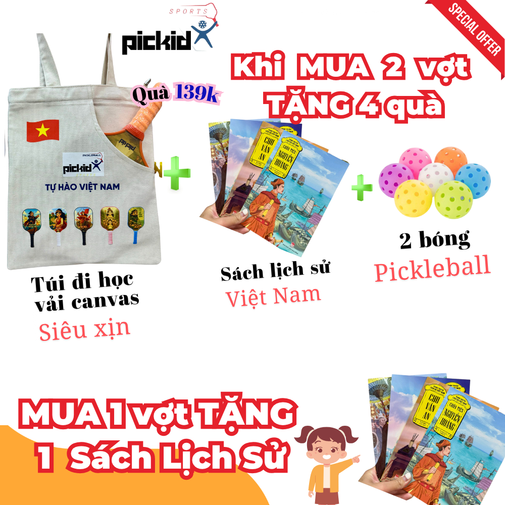Vợt Pickleball trẻ em 6 - 12 Tuổi chính hãng PICKID Fiberglass in 5D nhân vật Lịch Sử Việt Nam BS