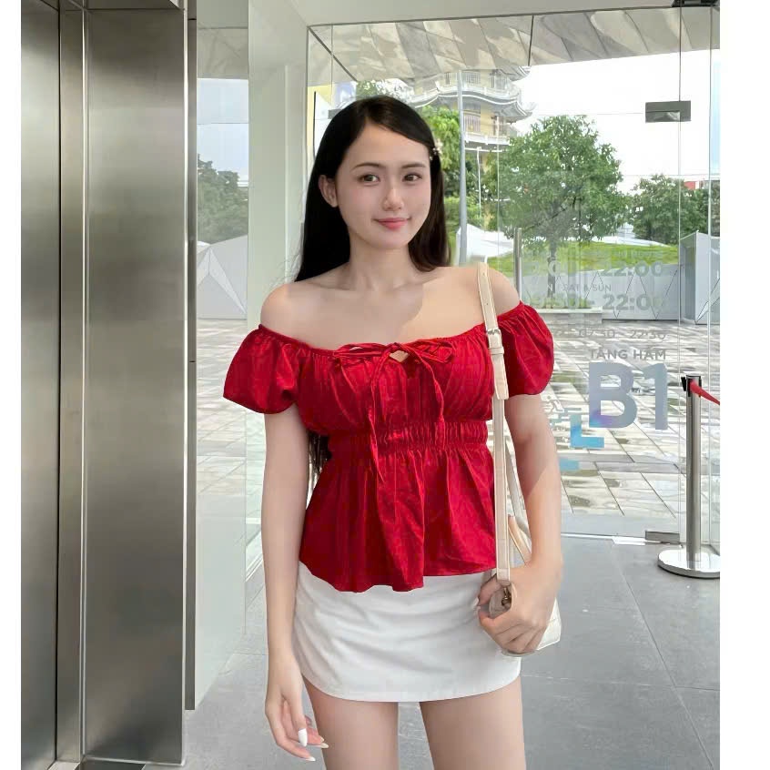 Áo babydoll linen kiểu xinh tay phồng tiểu thư công chúa bo thân nơ coquette ngực xinh xắn  MA287