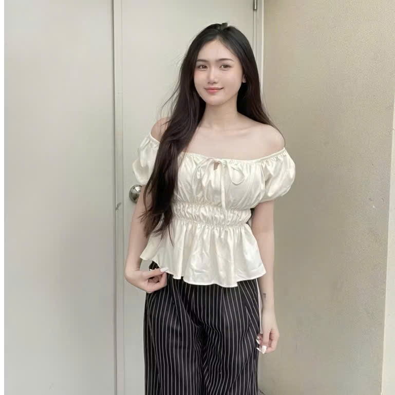 Áo Babydoll Linen Kiểu Xinh Tay Phồng Tiểu Thư Công Chúa  Bo Thân Nơ Coquette Ngực Xinh Xắn  B34