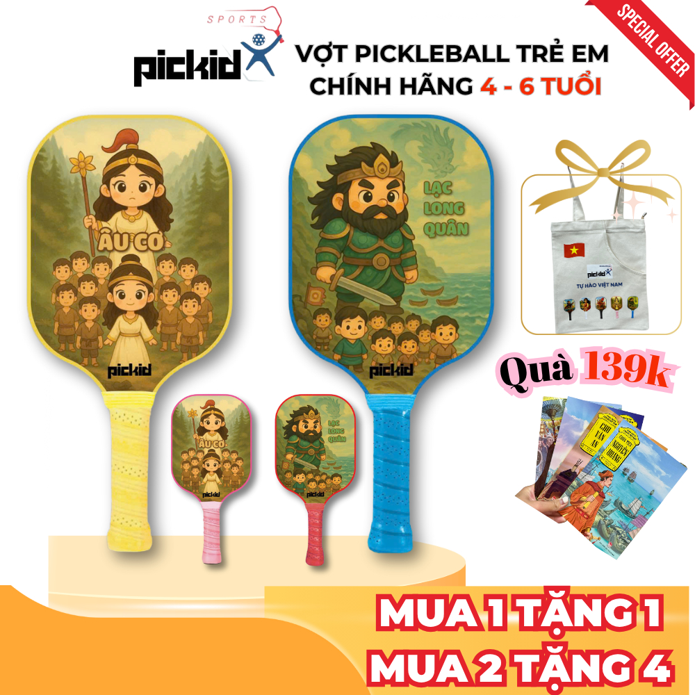 Vợt Pickleball trẻ em 4-6 Tuổi chính hãng PICKID Fiberglass in 5D nhân vật Lịch Sử Việt Nam BS
