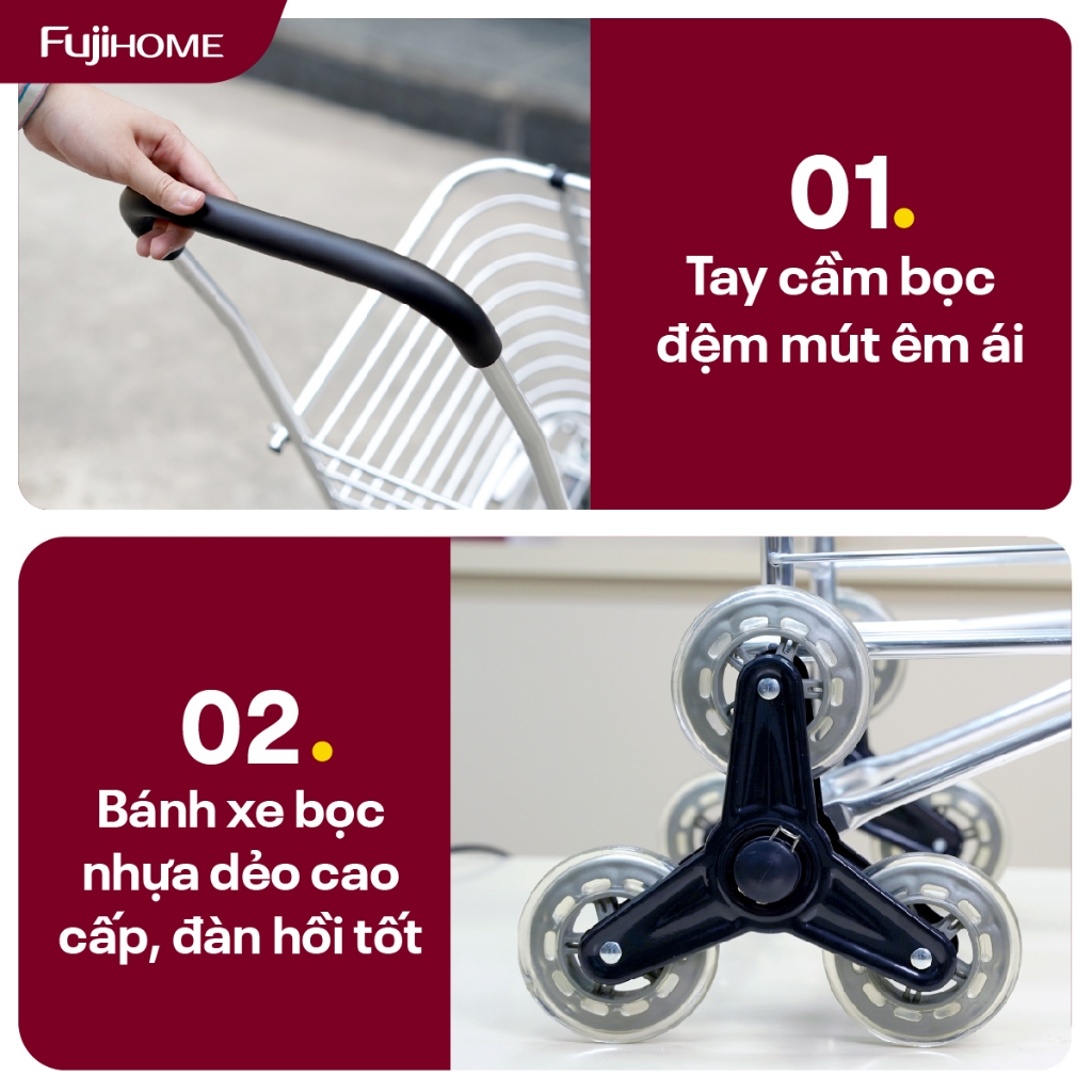 Xe đẩy gập gọn 6 bánh leo cầu thang FUJIHOME SC-260NEW2, Xe kéo siêu thị tải 40kg khung bền nhẹ linh hoạt