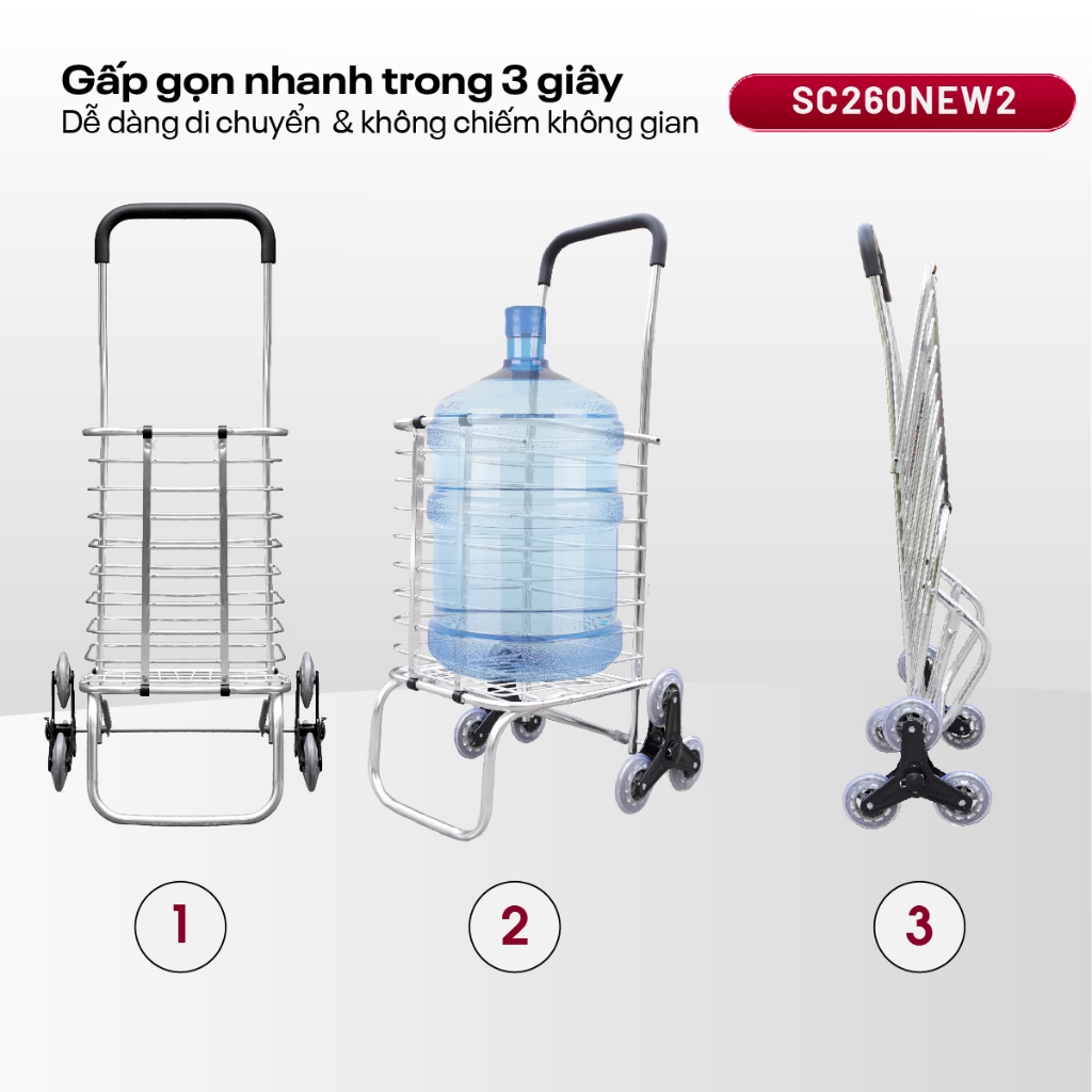 Xe đẩy gập gọn 6 bánh leo cầu thang FUJIHOME SC-260NEW2, Xe kéo siêu thị tải 40kg khung bền nhẹ linh hoạt