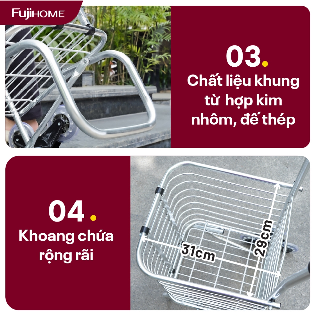 Xe đẩy gập gọn 6 bánh leo cầu thang FUJIHOME SC-260NEW2, Xe kéo siêu thị tải 40kg khung bền nhẹ linh hoạt