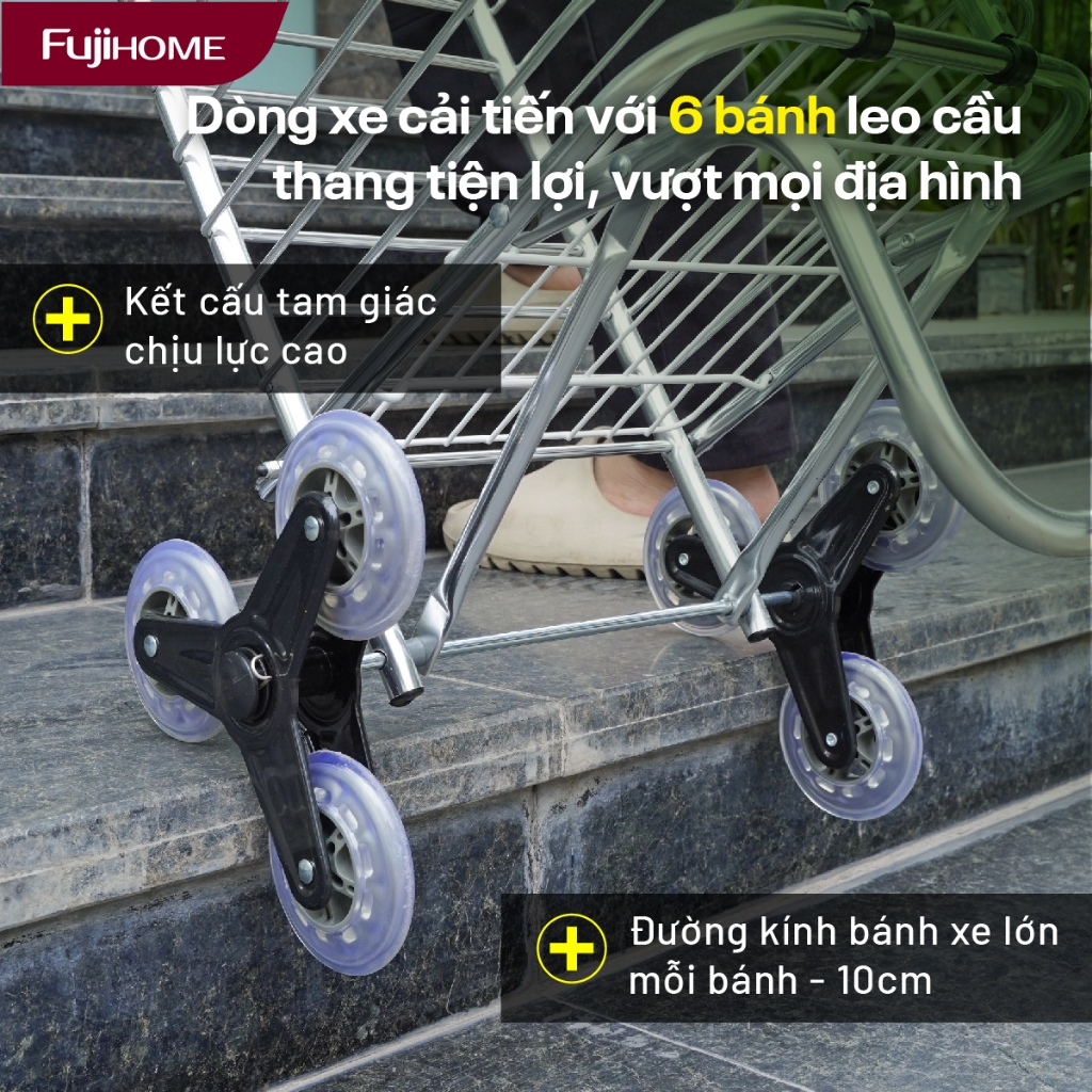 Xe đẩy gập gọn 6 bánh leo cầu thang FUJIHOME SC-260NEW2, Xe kéo siêu thị tải 40kg khung bền nhẹ linh hoạt