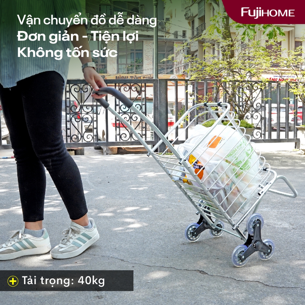 Xe đẩy gập gọn 6 bánh leo cầu thang FUJIHOME SC-260NEW2, Xe kéo siêu thị tải 40kg khung bền nhẹ linh hoạt