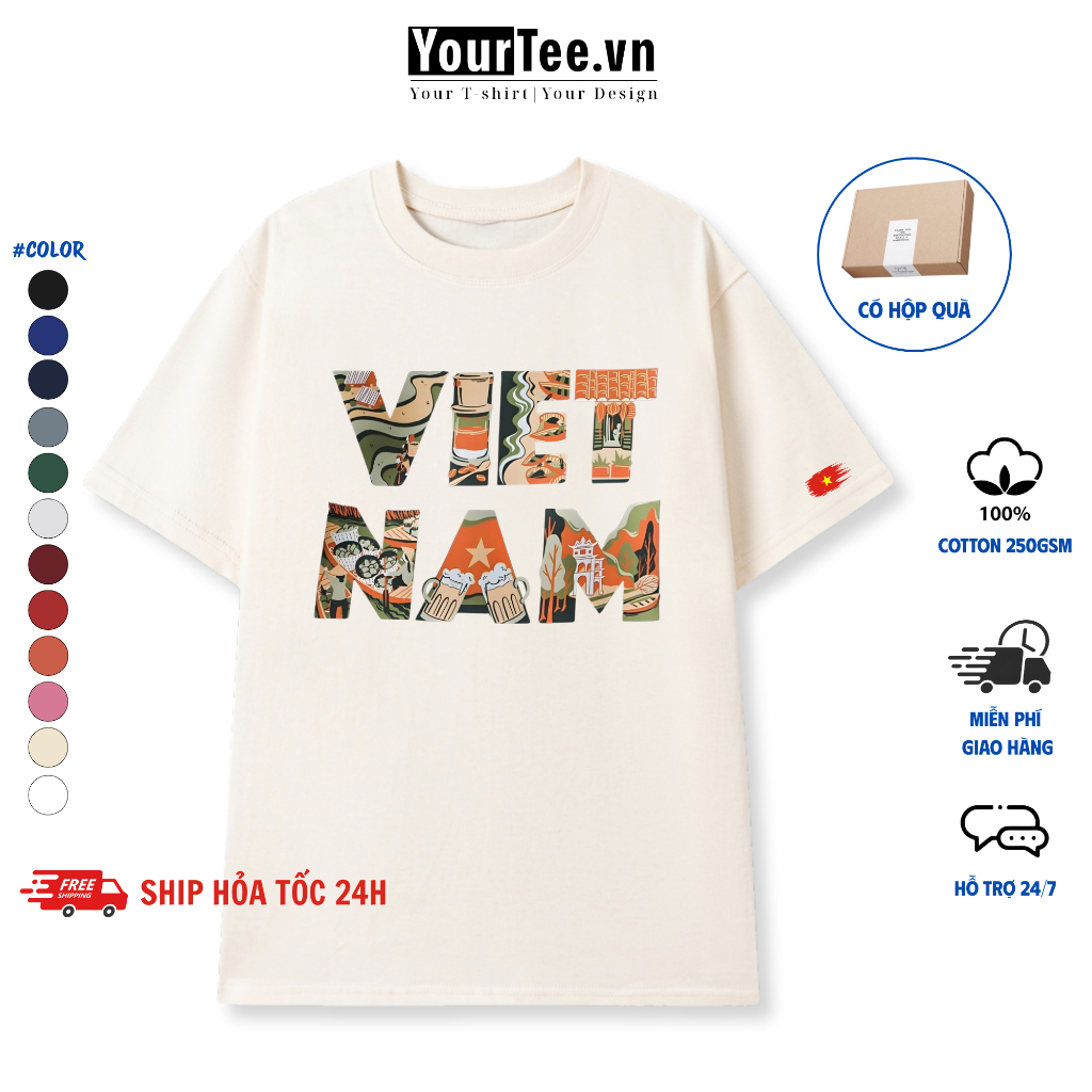[ÁO THUN VIỆT NAM] Áo Thun In Hình Việt Nam Ngực Áo Thể Hiện Tình Yêu Nước, Form Unisex, Chất Cotton 100% + Có Hộp