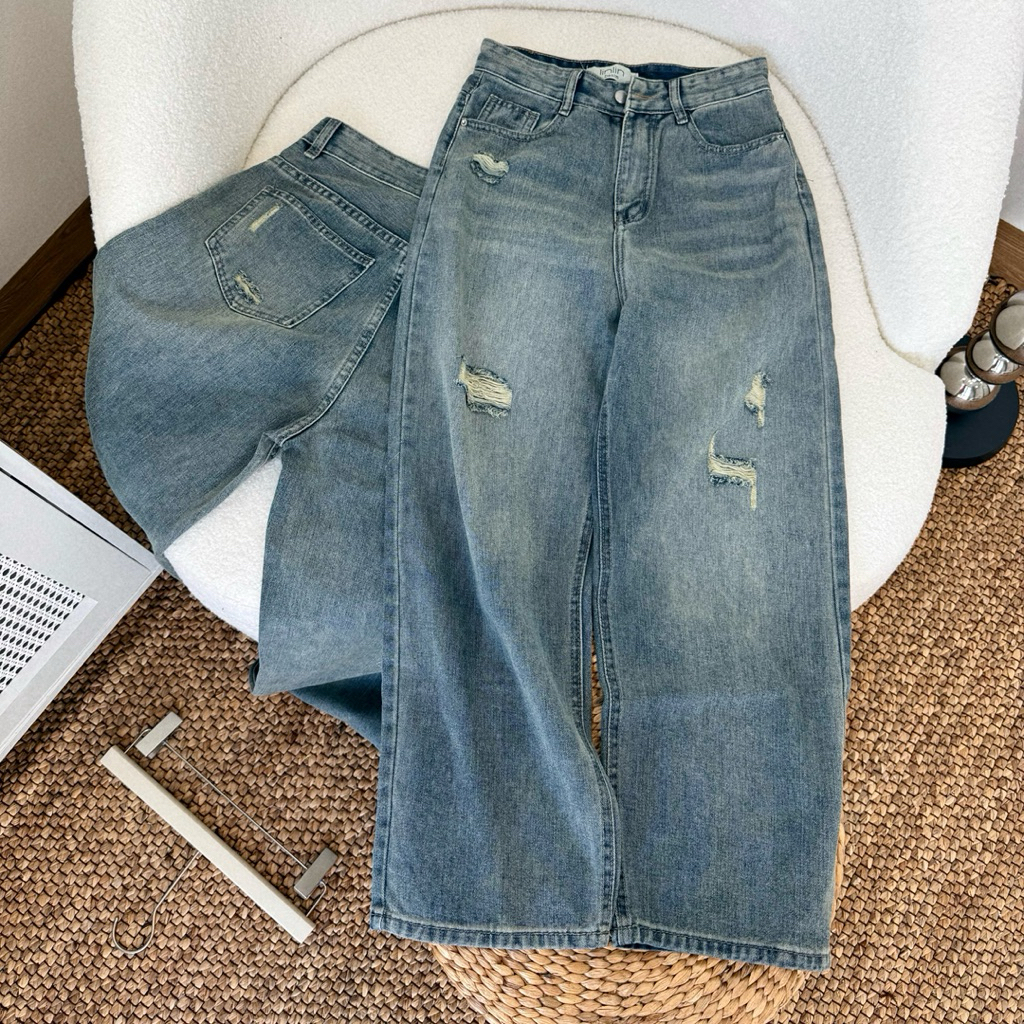 [Q01] Quần jean suông nữ vải QC cao cấp phối rách | Shopee Việt Nam