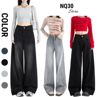 Quần jean bò ống rộng suông đứng nữ NQ30 Cạp Cao ôm eo Tôn Dáng màu RETRO, Quần bò jean suông rộng đứng baggy nữ