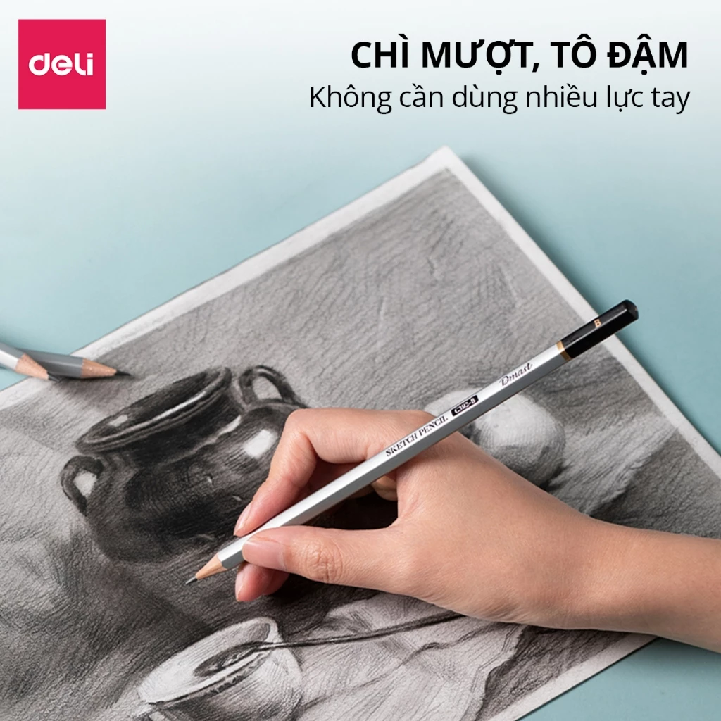Bộ 12 Bút Chì Phác Thảo Cao Cấp Dmast Hộp Thiếc Deli - Bút Chì Phác Thảo Nhiều Độ Đậm Nhạt Vẽ Chuyên