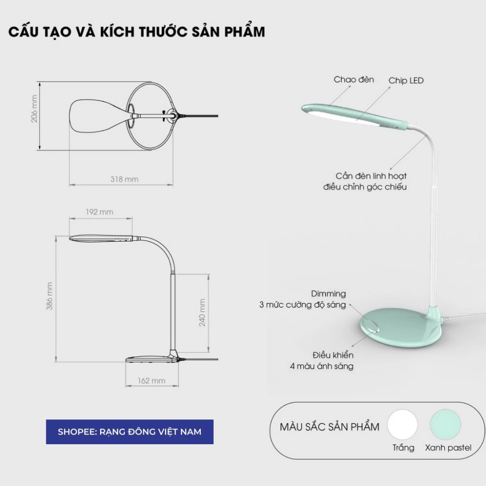 Đèn Học Chống Cận Rạng Đông RD-RL-21 Cảm Ứng Để Bàn, Đọc Sách, Làm Việc, BH 2 Năm