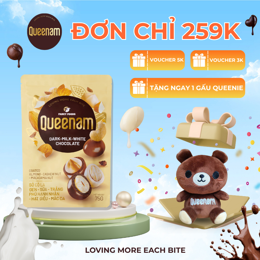 [ĐƠN 259K TẶNG 1 GẤU QUEENIE] Sô Cô La Đen, Sữa, Trắng Queenam phủ Hạnh ...