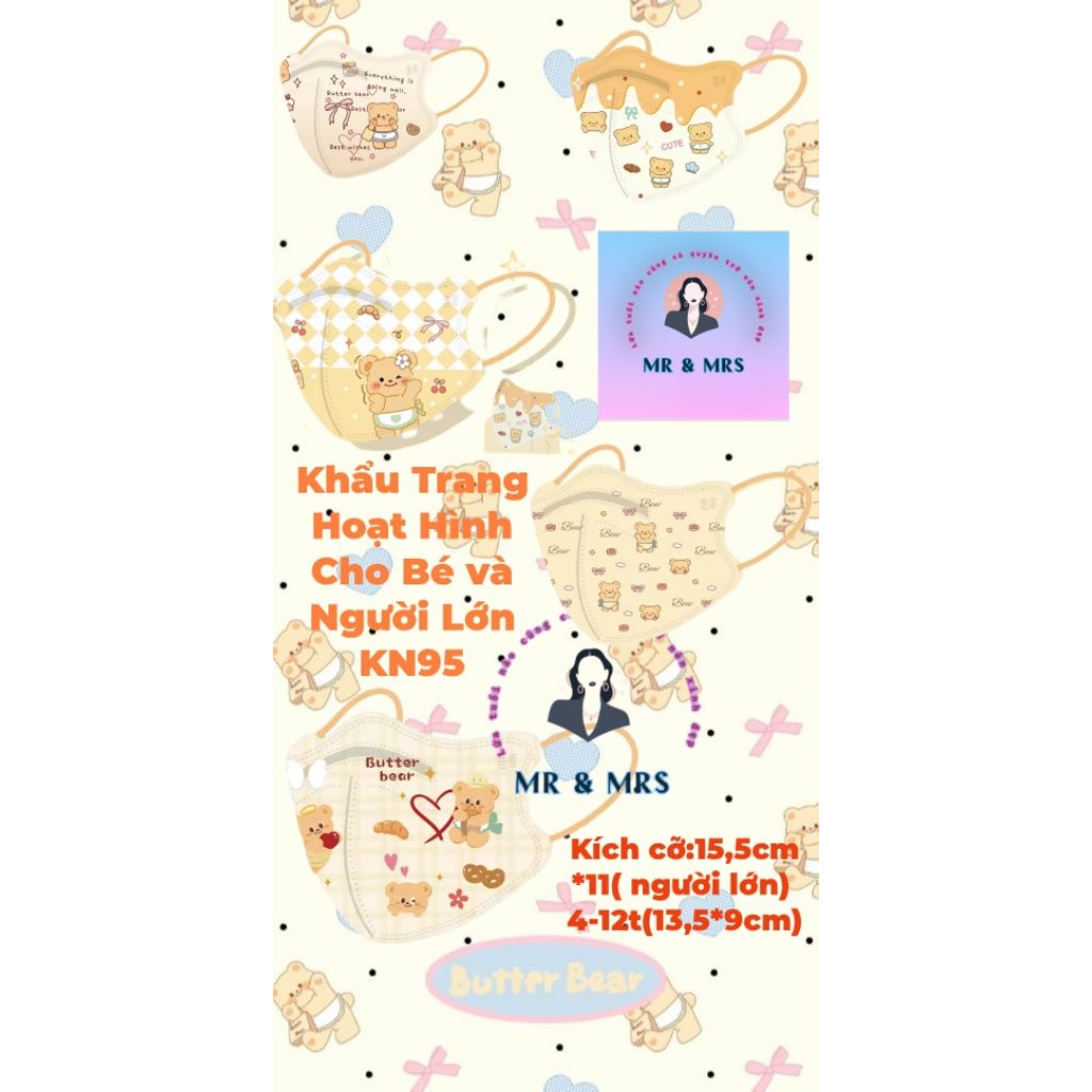(Set 10/50c) Khẩu Trang Hoạt Hình 3D Bear Cho Bé & Người Lớn