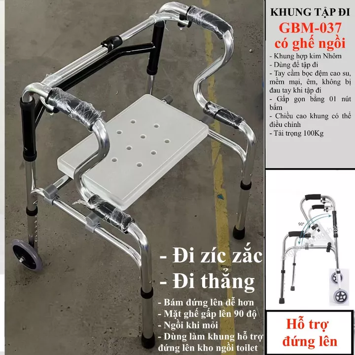 KHUNG TẬP ĐI NGƯỜI GIÀ GBM-037-KHUNG TẬP ĐI- HỖ TRỢ ĐỨNG DẬY-HỖ TRỢ VỊN TAY KHI ĐI VỆ SINH- CÓ GHẾ NGỒI KHI MOI.Đi zíc z