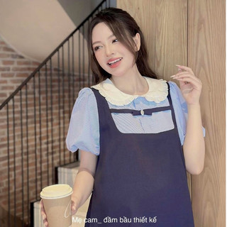 Váy bầu, đầm bầu thiết kế phối kẻ tay phồng 2 lớp cổ nhún