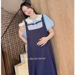 Váy bầu, đầm bầu thiết kế phối kẻ tay phồng 2 lớp cổ nhún