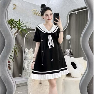 Váy bầu công sở thiết kế cổ thủy thủ xếp ly gấp đính trang trí nơ ( TẶNG KÈM TAG )