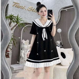 Váy bầu công sở thiết kế cổ thủy thủ xếp ly gấp đính trang trí nơ ( TẶNG KÈM TAG )