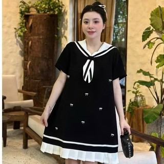 Váy bầu công sở thiết kế cổ thủy thủ xếp ly gấp đính trang trí nơ ( TẶNG KÈM TAG )