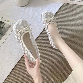 Giày búp bê ren thêu hoa 3d mũi tròn đính nơ tiếu thư hot hit M410