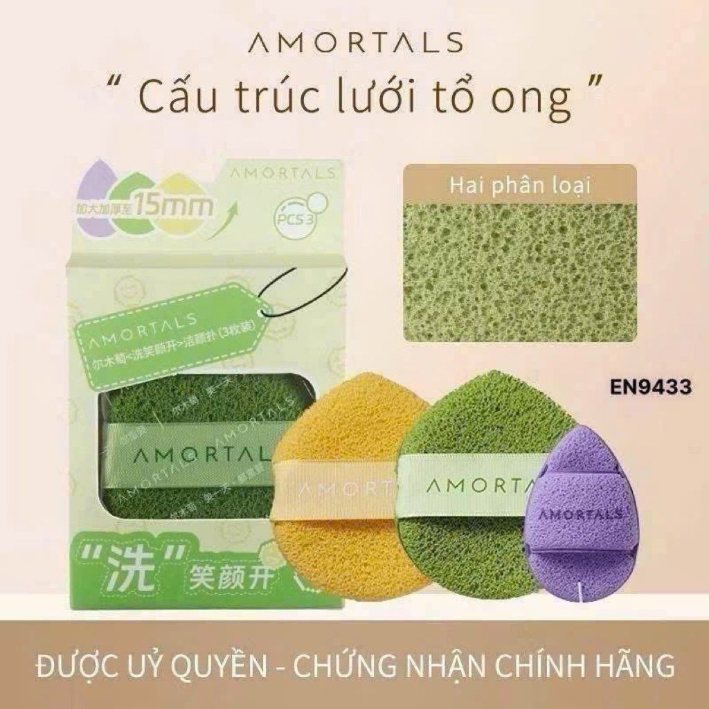 Set 3 bông mút rửa mặt kèm dây treo bông tiện lợi