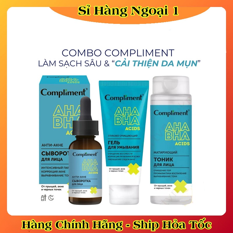 Sữa rửa mặt, toner, serum  Compliment AHA BHA làm sạch sâu, giảm viêm & mụn của Nga