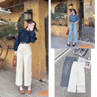 Quần jeans nấm ống rộng cạp cao 2 màu trắng-xanh dáng lỡ dài 94cm M.7482-7484