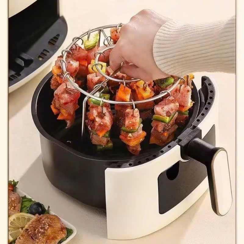 Giá inox dạng tròn kèm 24 xiên dùng để xiên thịt làm thịt nướng BBQ dùng cho nồi chiên k dầu - Xiên thịt nướng BBQ