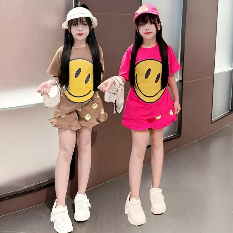 Sét đồ bé gái áo cộc tay in họa tiết MẶT CƯỜI dễ thương chất vải cotton mềm mịn.M19
