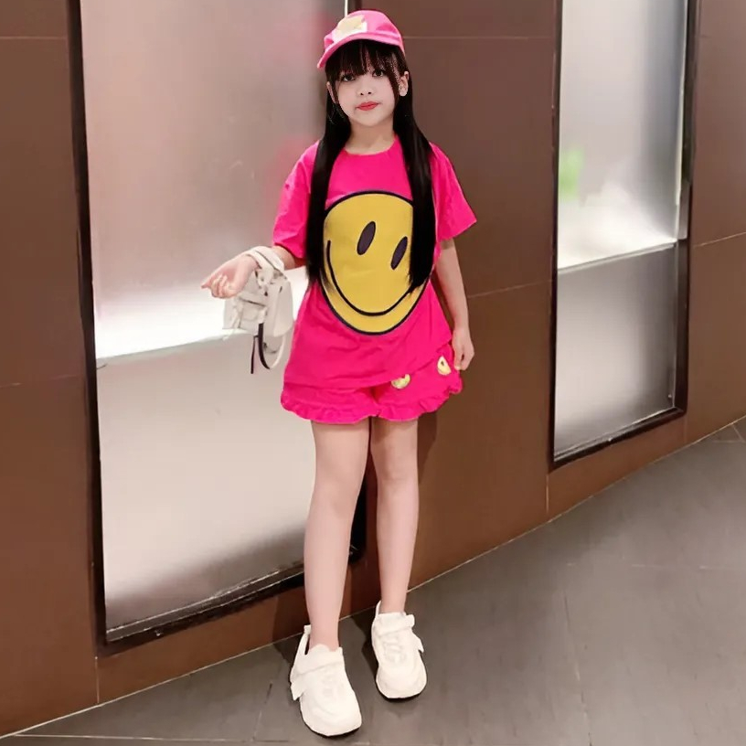Sét đồ bé gái áo cộc tay in họa tiết MẶT CƯỜI dễ thương chất vải cotton mềm mịn.M19