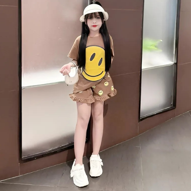 Sét đồ bé gái áo cộc tay in họa tiết MẶT CƯỜI dễ thương chất vải cotton mềm mịn.M19