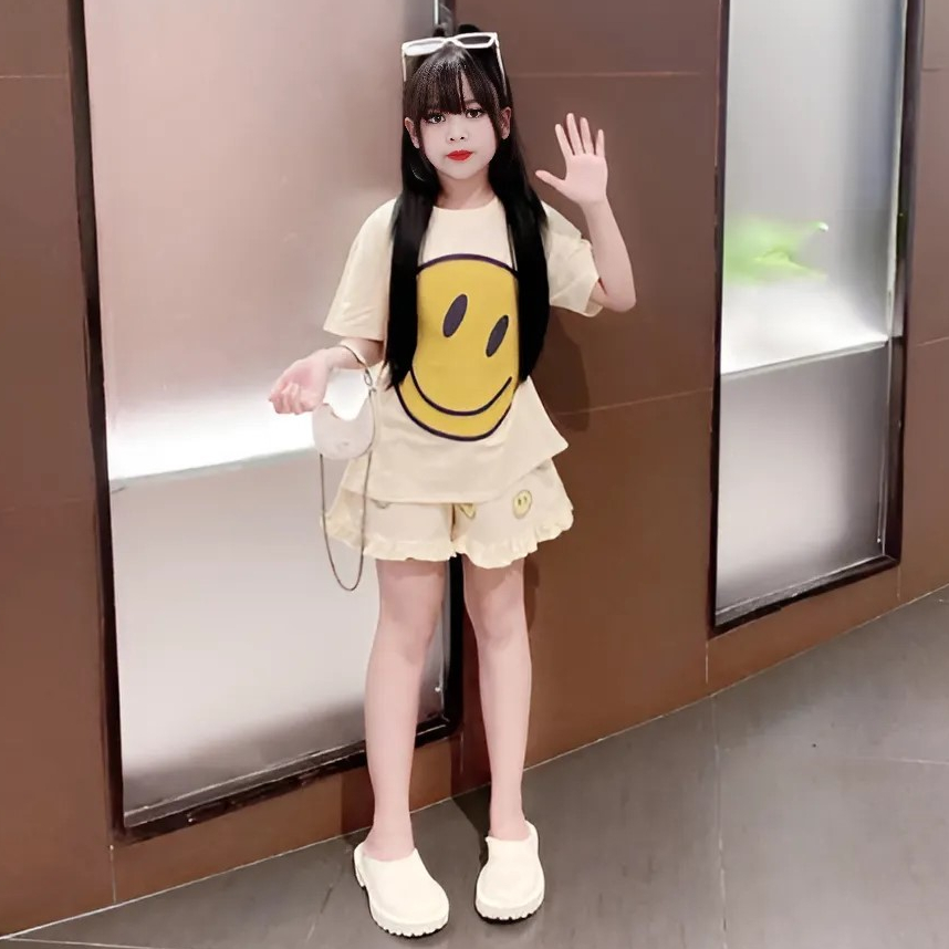 Sét đồ bé gái áo cộc tay in họa tiết MẶT CƯỜI dễ thương chất vải cotton mềm mịn.M19