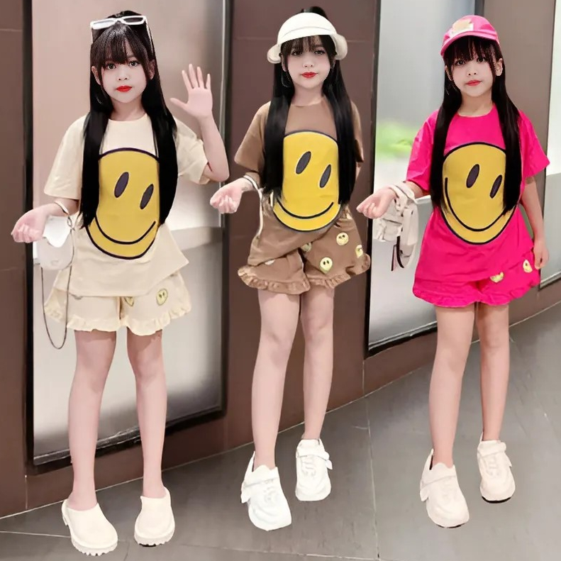 Sét đồ bé gái áo cộc tay in họa tiết MẶT CƯỜI dễ thương chất vải cotton mềm mịn.M19