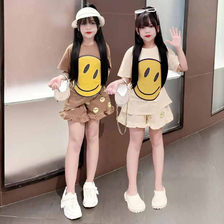 Sét đồ bé gái áo cộc tay in họa tiết MẶT CƯỜI dễ thương chất vải cotton mềm mịn.M19