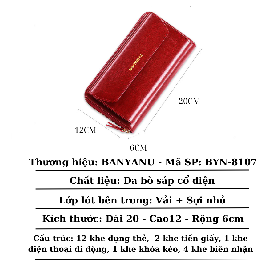 Ví nữ dài ví nữ cầm tay da bò bóp tiền ví đựng điện thoại có dây deo nhiều ngăn Chính Hãng BANYANU mã 8107 đủ màu