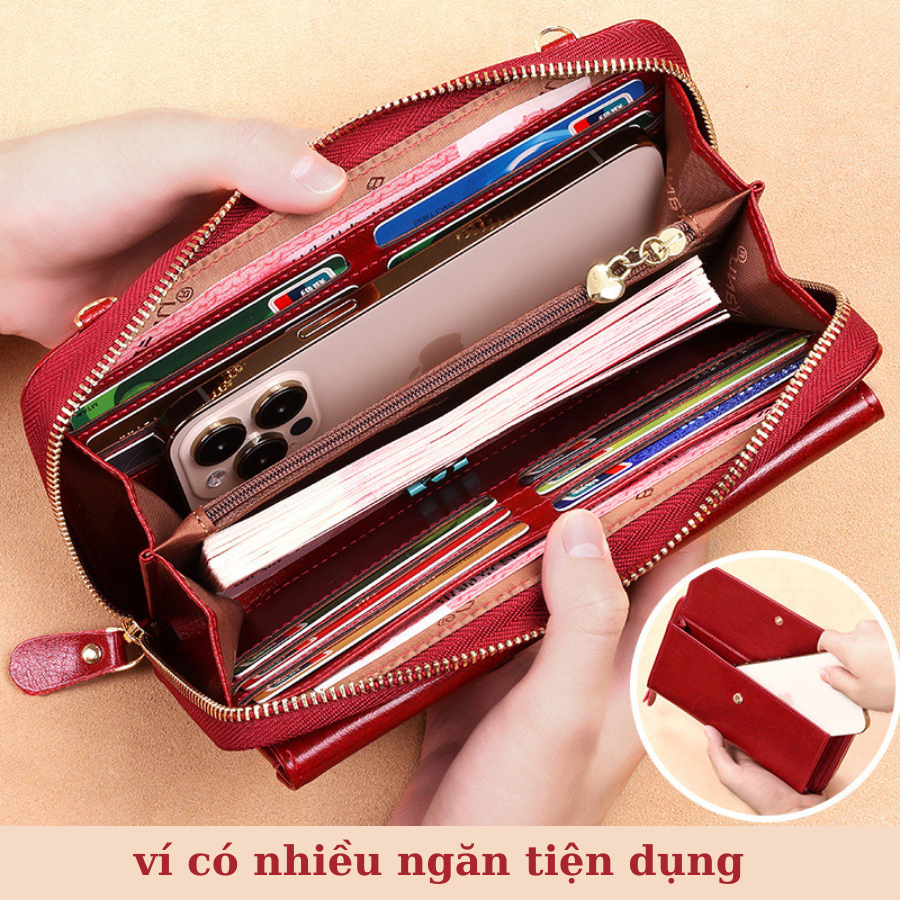 Ví nữ dài ví nữ cầm tay da bò bóp tiền ví đựng điện thoại có dây deo nhiều ngăn Chính Hãng BANYANU mã 8107 đủ màu