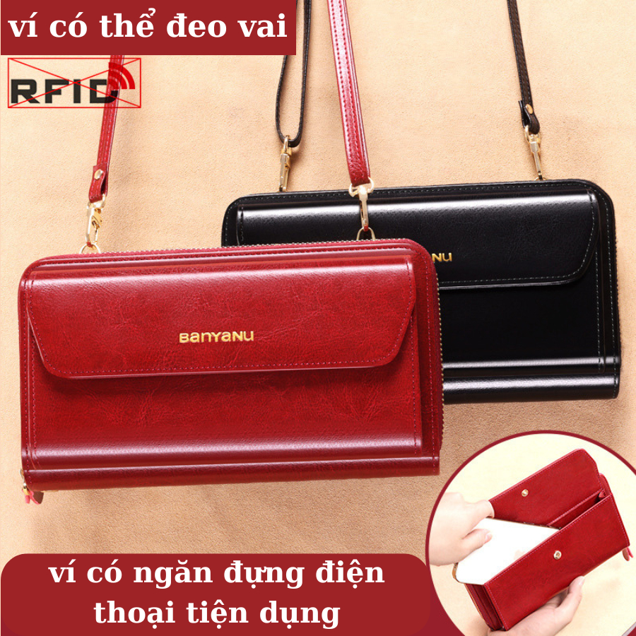 Ví nữ dài ví nữ cầm tay da bò bóp tiền ví đựng điện thoại có dây deo nhiều ngăn Chính Hãng BANYANU mã 8107 đủ màu