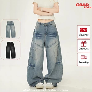 Quần jean nữ ống rộng GRADPOPU cạp cao dáng baggy wash loang nhiều túi phong cách đường phố QJ01