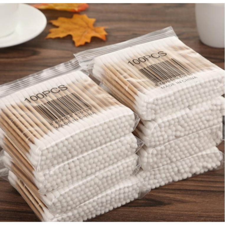 10 GỐI--Gói 100 Tăm Bông Cán Gỗ Thiên Nhiên Ngoáy Tai Tiện Lợi-K645-10 GỐI-- - 1