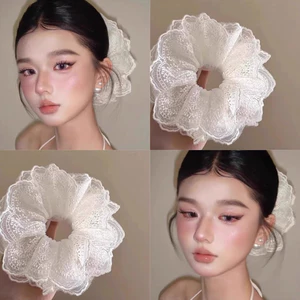 Dây cột tóc ren trắng kem dây búi tóc phong cách retro cỡ lớn ruy băng khí chất